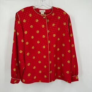 Maggie Barns Womens Button Up Top Size 18W Satin Red Gold Floral Polka‎ Dot